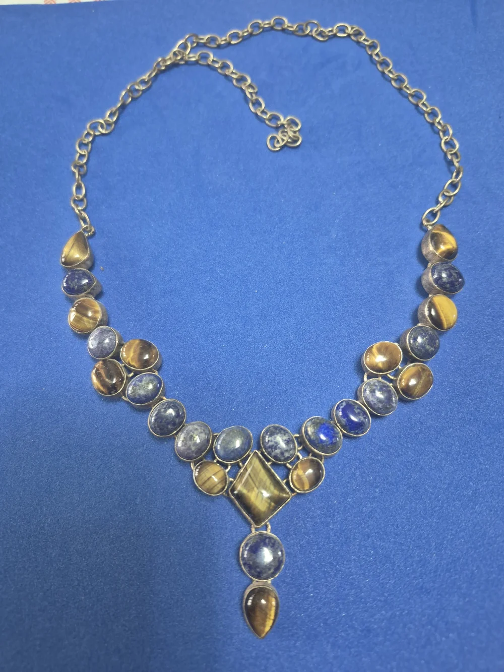Silver-Tone Lapis Lazuli and Tiger Eye Gemstone Statement Necklace